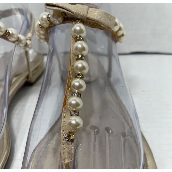 Unisa Gold T-strap Flat Sandals Pearls And Rhinestones Size 6.5 M - Picture 4 of 7